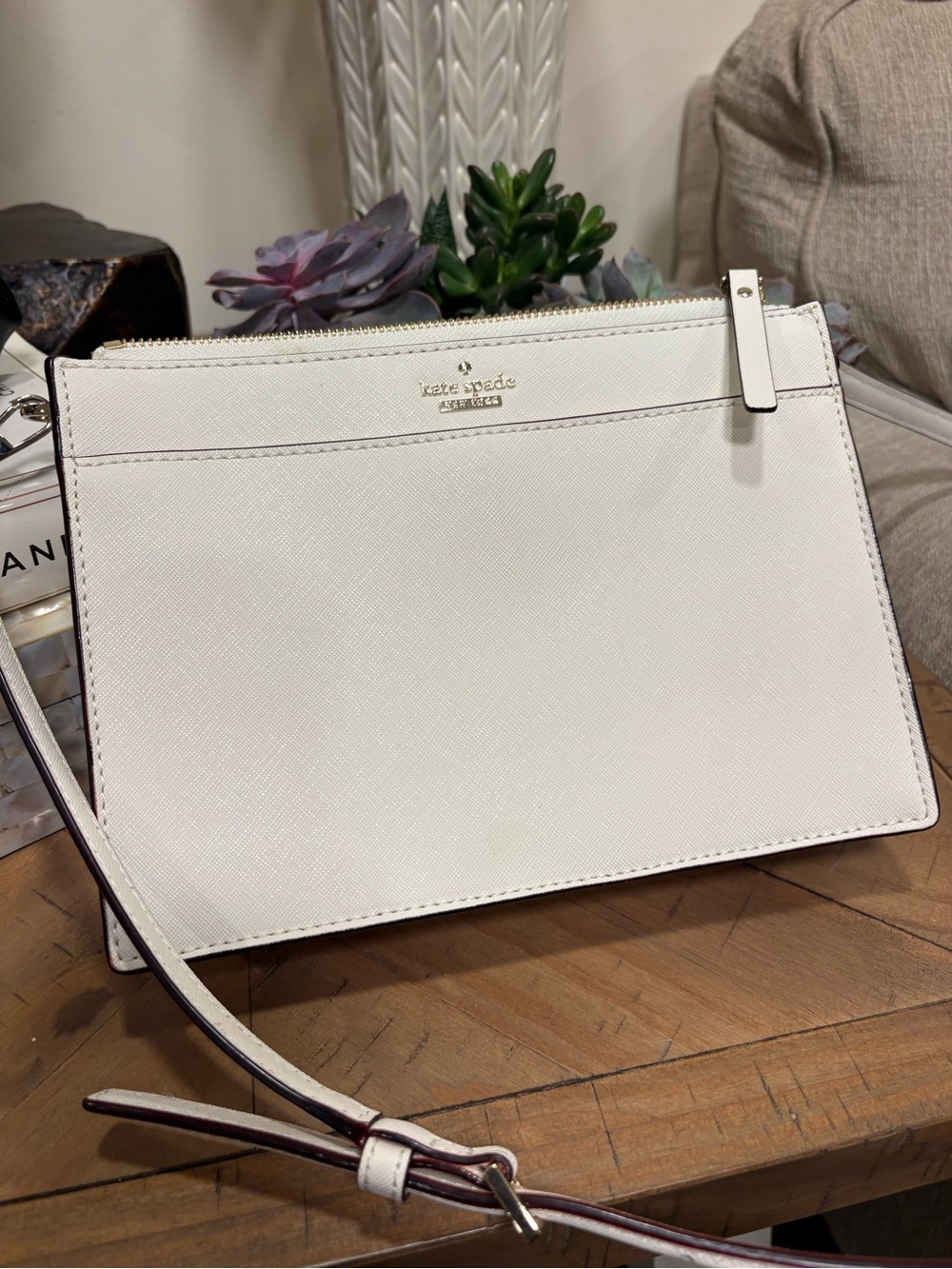 kate spade White Saffiano Crossbody with Gold Logo